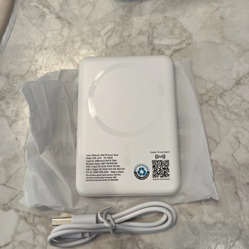 Valet White 5000mAh Portable Power Bank 20W PD 15W Magnetic Mini Charger New